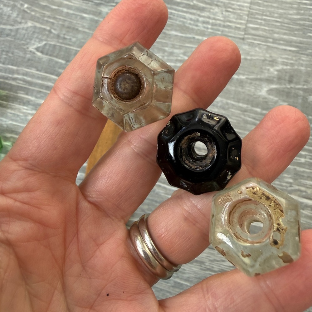 3 x antique glass drawer knobs